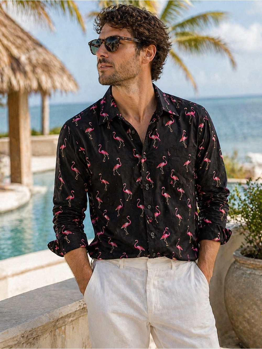 MTAILOR Flamingo Print Button Down Shirt Black Pink Novelty Cotton Fits L/XL